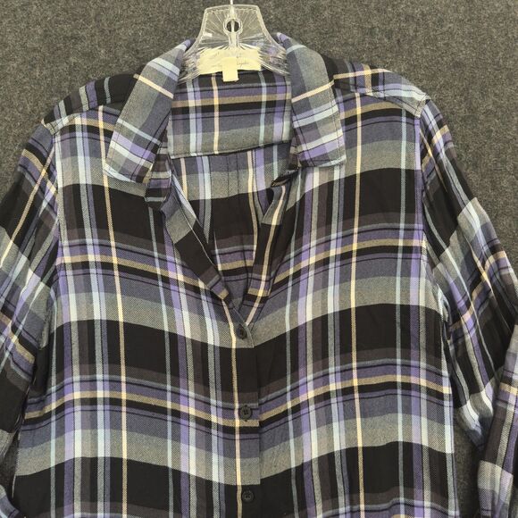 Cloth & Stone Shirt Womens Medium Purple Plaid Button Up Fringe Hem Rayon Casual - Picture 2 of 7